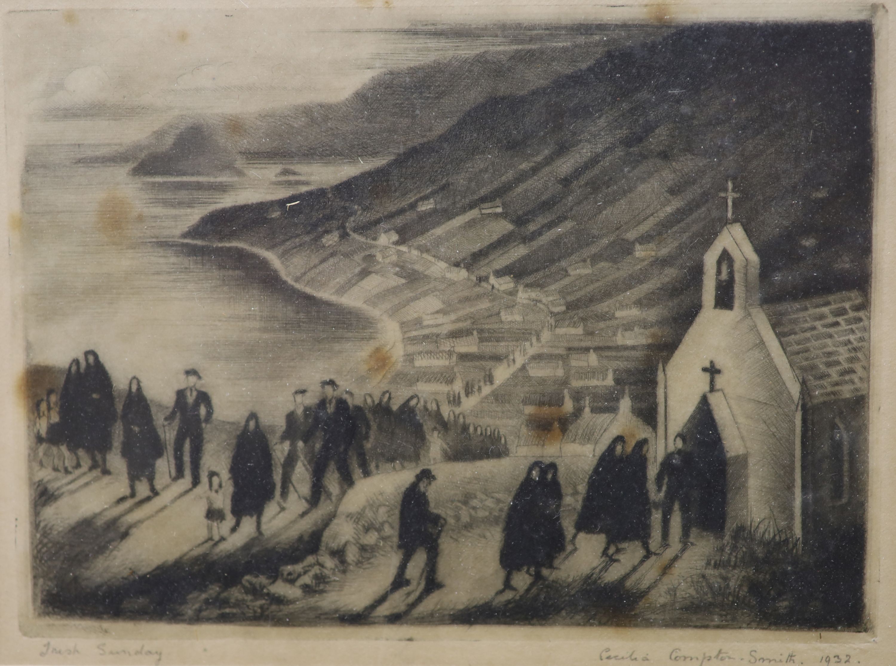 Cecilia Compton-Smith (Exh. 1931-37), etching, Irish Sunday, signed and dated 1932, 12 x 16cm.